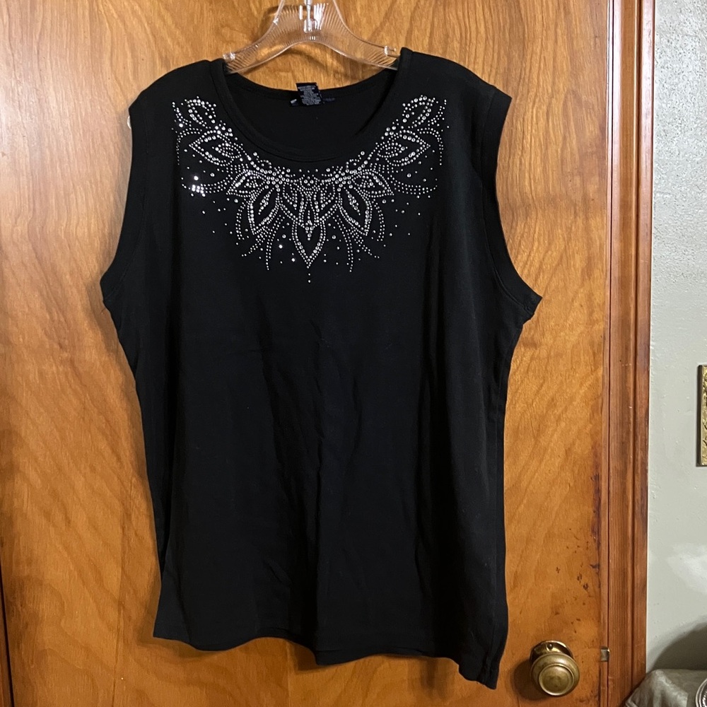 Black Sleeveless Tank with Rhinestone Necklace Design